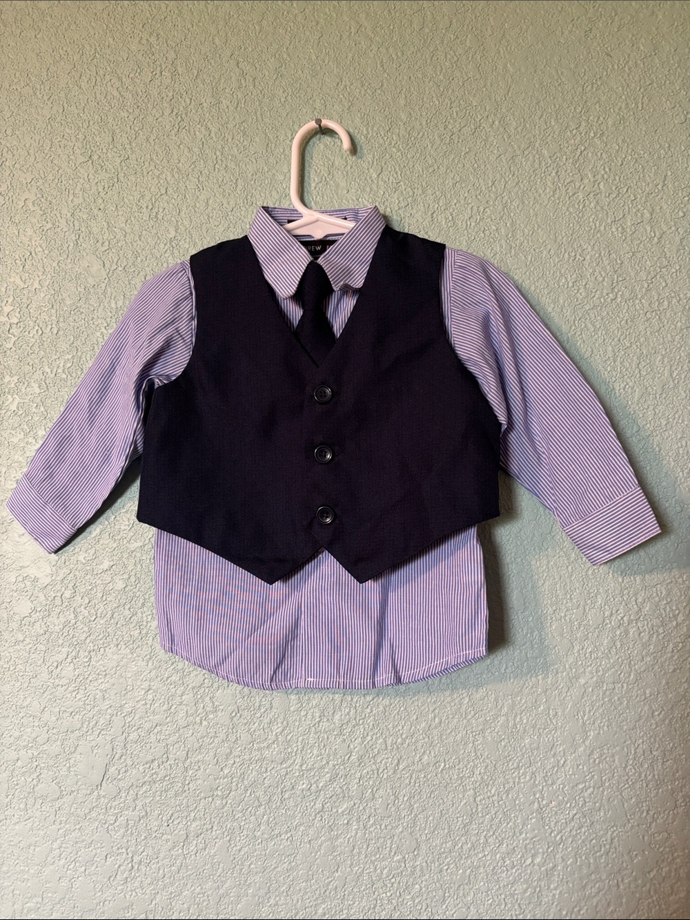 Andrew Fezza Baby Blue Striped Shirt, Navy Tie, Formal Vest, 12 mos - like new